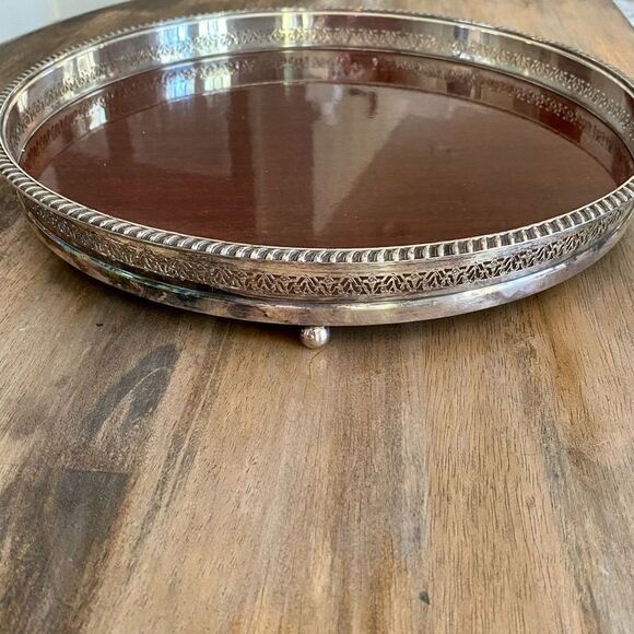 Vintage Mid Century Modern Tray Crescent Silversmith Co Wood Laminate Round - Picture 2 of 8